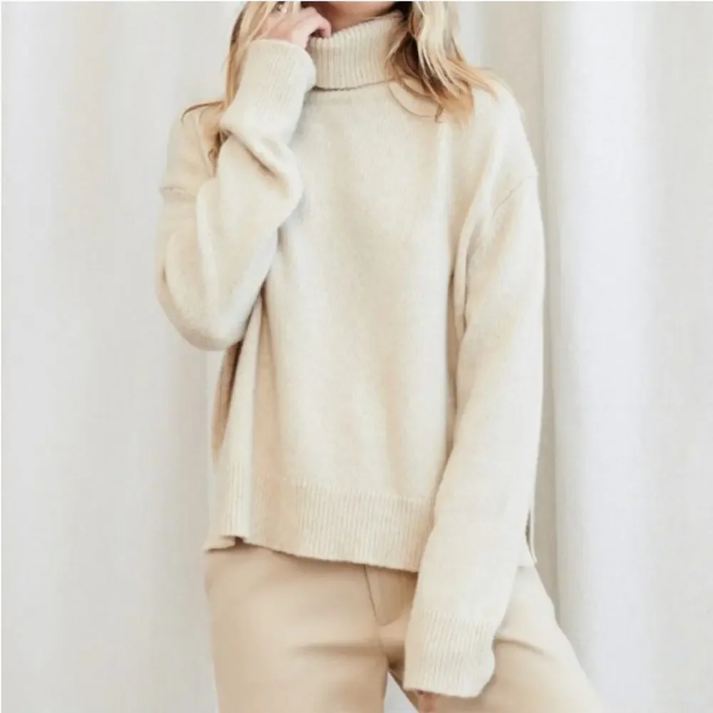 Jenni Kayne Atlas Turtleneck Sweater Merino Wool In Wheat Beige Size Small - Picture 3 of 13